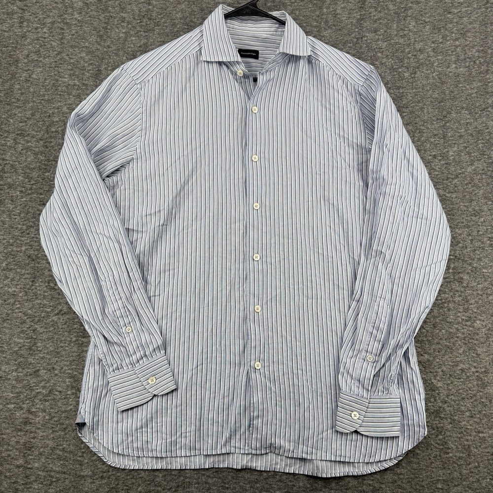 Ermenegildo Zegna Mens Dress Shirt Blue White Striped Cotton Long Sleeve Turkey